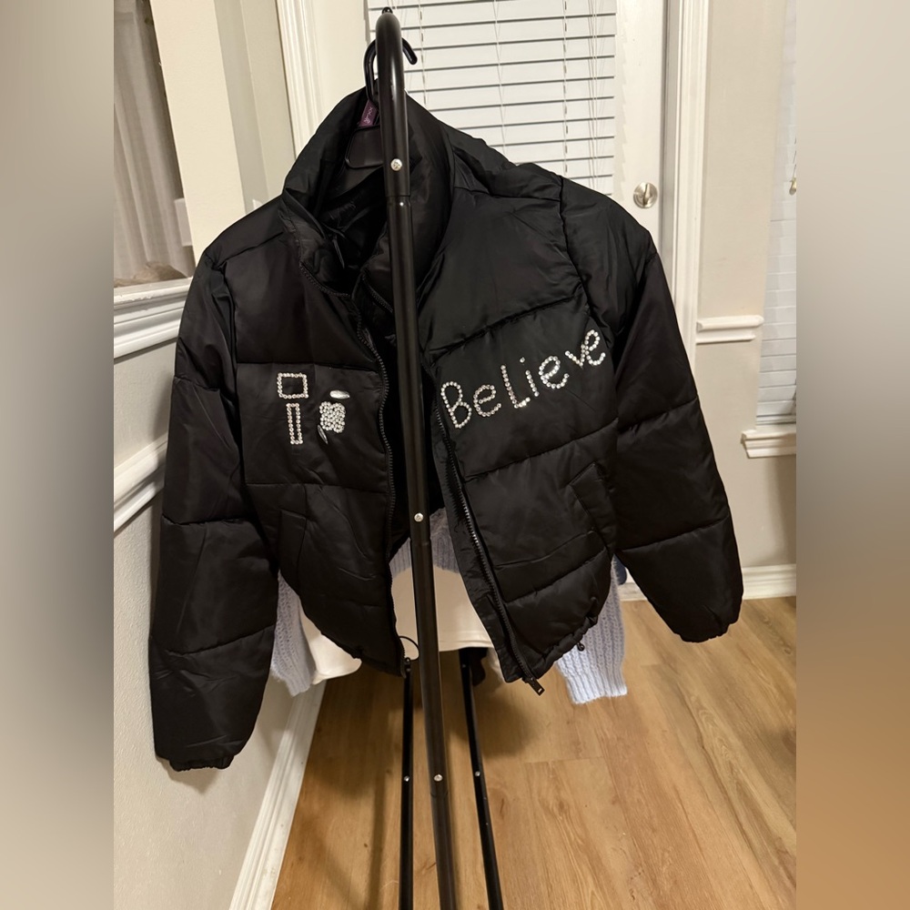 Black Puffer Jacket with Embellishments handmade designs best for outing